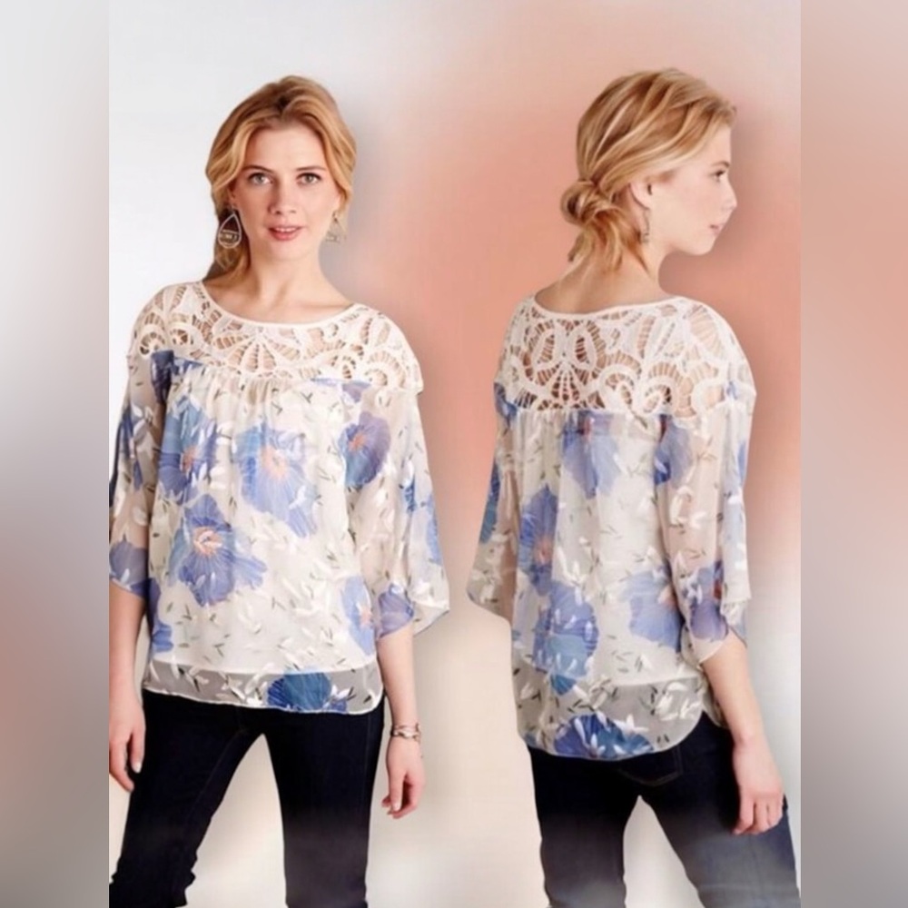 ANTHROPOLOGIE Vanessa Virginia Silk Blend Floral Peasant Blouse Size 2